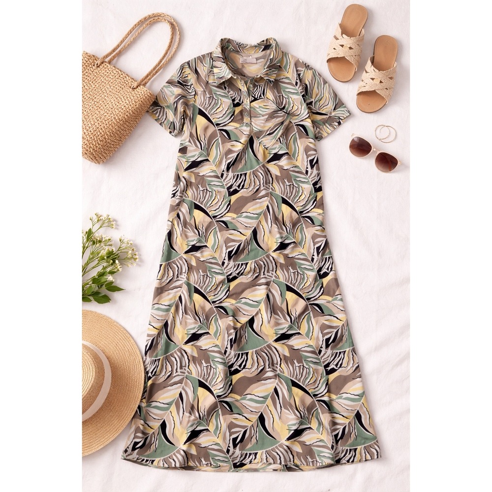 Stan Herman Womens XS Tropical Leaf Print Polo Midi Dress Sage Green pockets